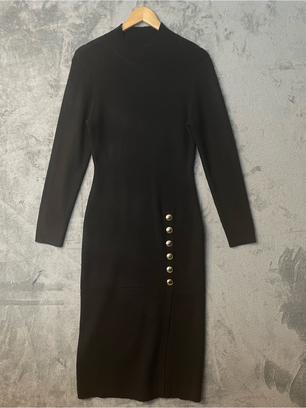 Women’s Black Ribbed Knit Long Sleeve Dress with Gold Button Detail